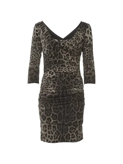 Pre-owned Dolce & Gabbana Leopard-print Ruched Dress In Neutral