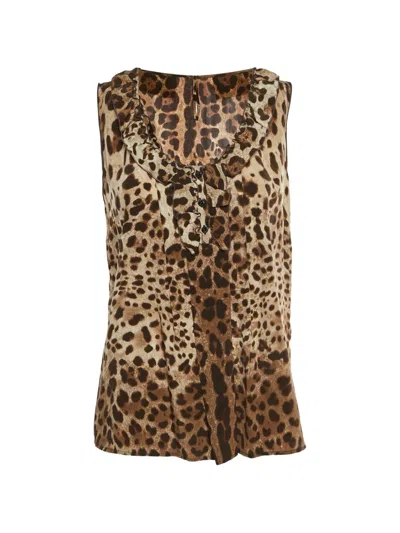 Pre-owned Dolce & Gabbana Leopard-print Ruffled Blouse In Brown