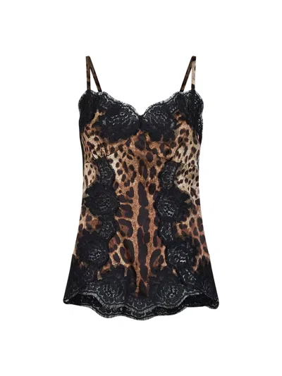 Dolce & Gabbana Leopardprint Satin Camisole With Lace Trim In Black
