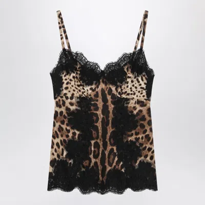 Dolce & Gabbana Leopardprint Satin Camisole With Lace Trim In Black