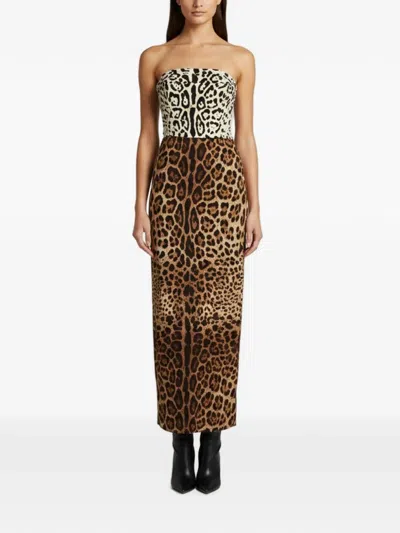 Pre-owned Dolce & Gabbana Leopard-print Strapless Maxi Dress In Brown