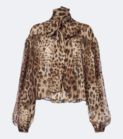 Dolce & Gabbana Leopard-print Tie-neck Silk Blouse In Brown