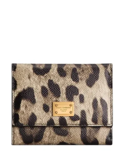 Dolce & Gabbana Leopard-print Wallet In Dauphine Calfskin In Marrone