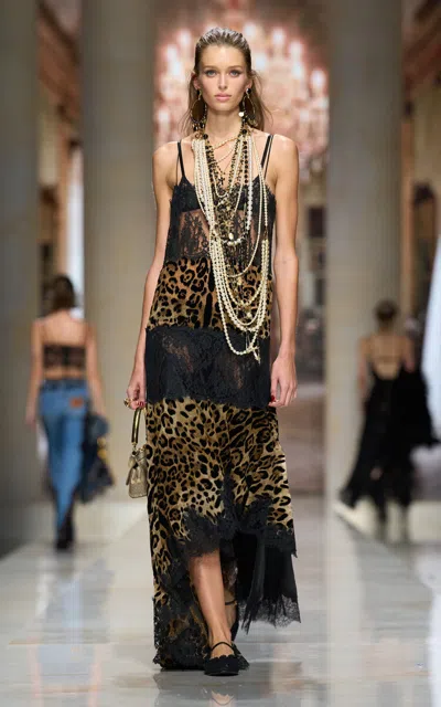 Dolce & Gabbana Leopard-printed Flocked Chiffon Maxi Dress In Black