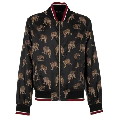 Pre-owned Dolce & Gabbana Leopards Print Bomber Jacket Knit Pockets Logo Black Brown 11234
