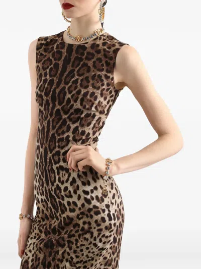 Dolce & Gabbana Leo-print Charmeuse Dress In Neutral