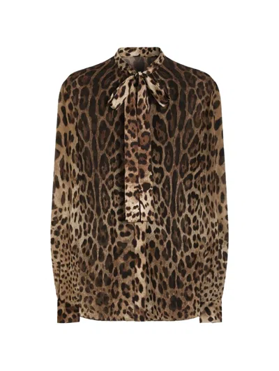 Dolce & Gabbana Leopardprint Silk Georgette Shirt In Brown