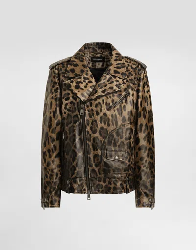 Dolce & Gabbana Leo-print Leather Jacket In Brown