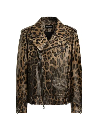 Dolce & Gabbana Leo-print Leather Jacket In Brown