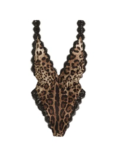 Dolce & Gabbana Leo-print Satin Bodysuit In Neutrals