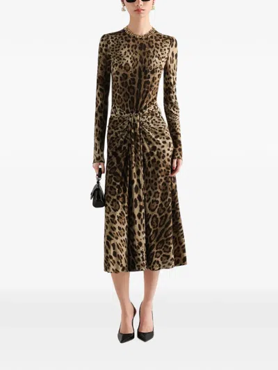 Dolce & Gabbana Leopard-print Long-sleeve Twisted Midi Cocktail Dress In Multi