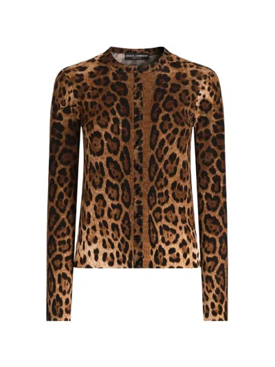 Dolce & Gabbana Leo-print Wool Cardigan In Brown