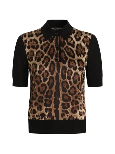 Dolce & Gabbana Leo-print Wool Polo Pullover In Animal Print