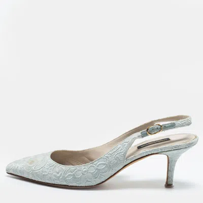 Pre-owned Dolce & Gabbana Light Blue Brocade Fabric Slingback Pumps Size 38