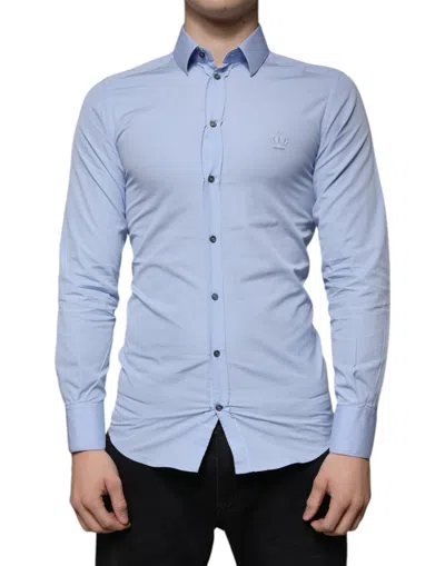 Pre-owned Dolce & Gabbana Light Blue Cotton Slim Fit Gold Dress Men's Shirt ()