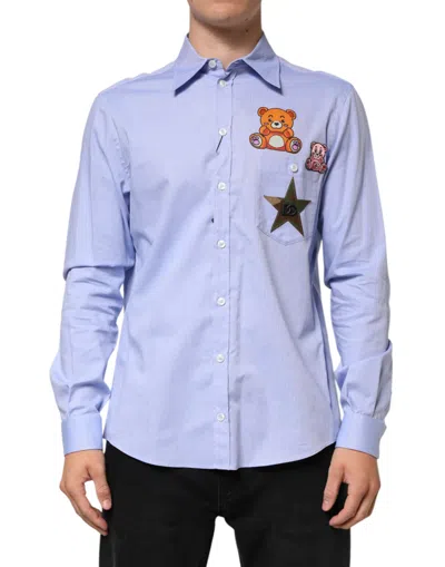 Pre-owned Dolce & Gabbana Light Blue Cotton Teddy Bear Long Sleeve Men's Shirt ()