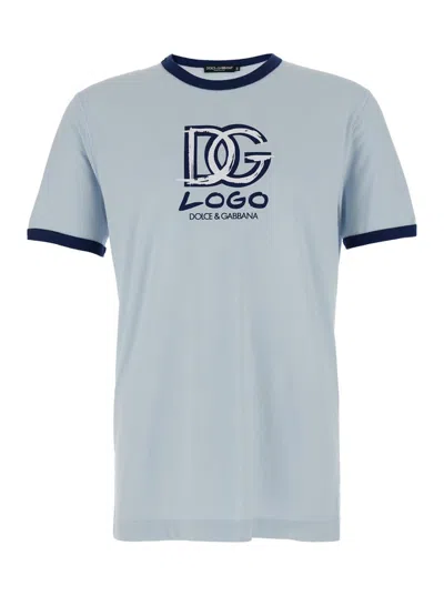 Dolce & Gabbana Light Blue Crewneck T-shirt With Logo Print On The Front And Contrasting Details In B0276