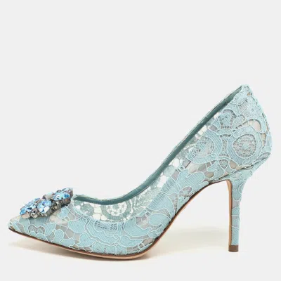 Pre-owned Dolce & Gabbana Light Blue Lace Crystal Embellished Bellucci Pumps Size 37.5