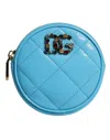 Dolce & Gabbana Azure Blue Leather Round Coin Purse Keychain Crystal Logo Wallet In Blue