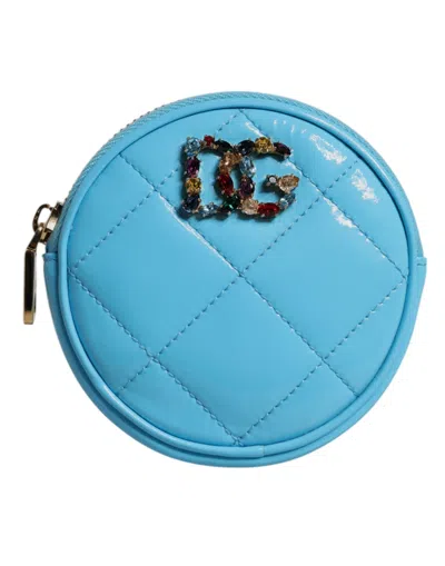 Dolce & Gabbana Light Blue Lamb Leather Dg Crystal Round Coin Purse Wallet