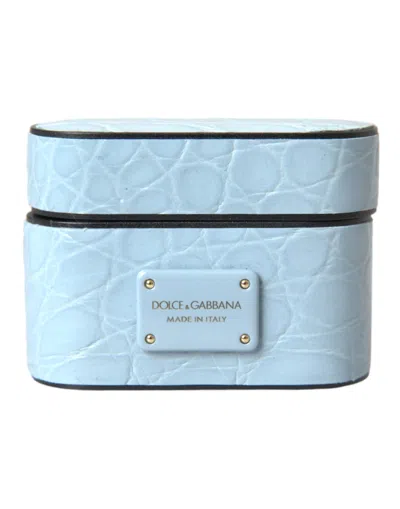 Dolce & Gabbana Light Blue Leather Metal Logo Plaque Airpods Case Caiman Accessory