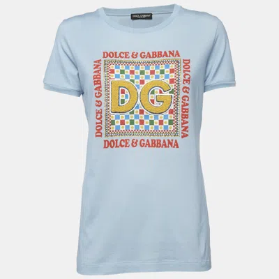 Pre-owned Dolce & Gabbana Light Blue Logo Embellished Knit Crew Neck T-shirt M