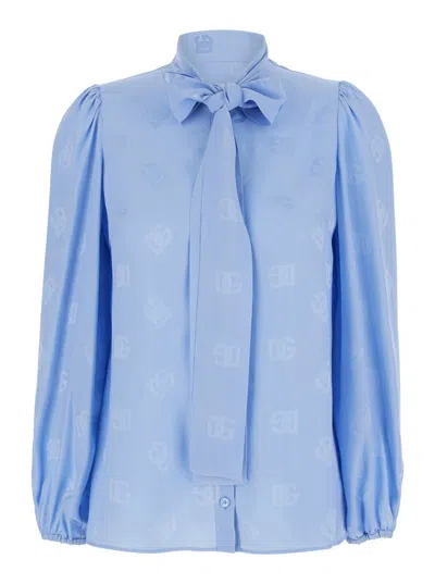 Dolce & Gabbana Light Blue Shirt With Bow And Jacquard Dg Logo In Silk Woman