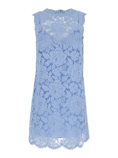 Dolce & Gabbana Light Blue Sleeveless A Line Dress In Floral Dg Lace Woman