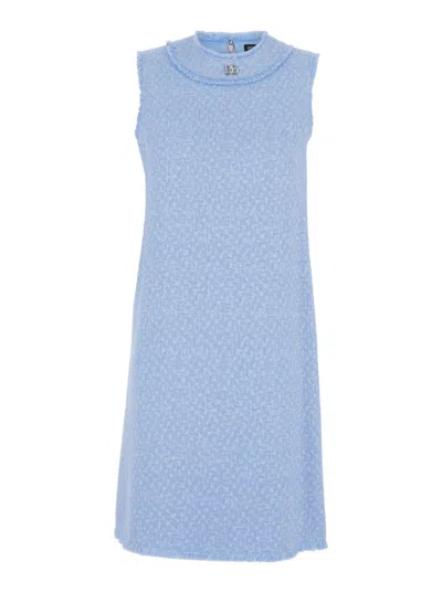 DOLCE & GABBANA LIGHT BLUE SLEEVELESS RASCHEL TWEED DRESS WITH DG LOGO