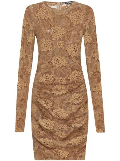 DOLCE & GABBANA LIGHT BROWN FLORAL-LACE SEMI-SHEER MINIDRESS