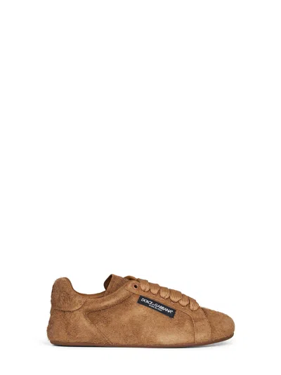 Dolce & Gabbana Light Brown Suede Split Leather Portofino Soft Sneakers In Animal Print