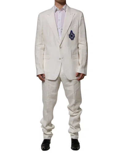 Dolce & Gabbana Light Cream Linen Embroidered 2 Piece Suit In White