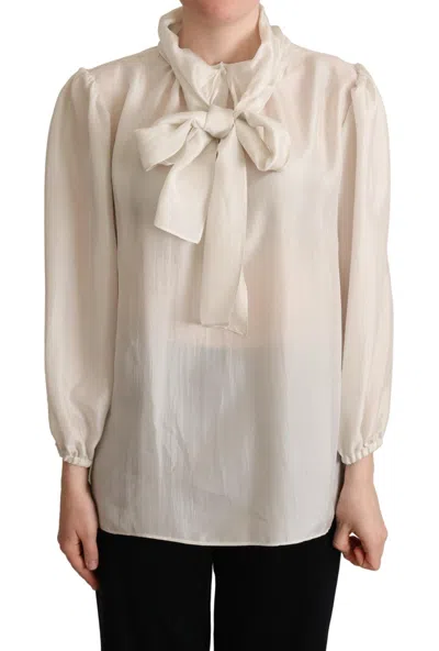 Dolce & Gabbana Light Gray Ascot Collar Shirt Silk Blouse Women's Top In Neutral