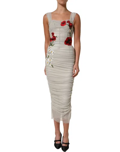 Pre-owned Dolce & Gabbana Light Gray Rose Embroidery Sheath Midi Women's Dress ()