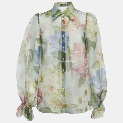 Pre-owned Dolce & Gabbana Light Green Floral Printed Silk Shirt S