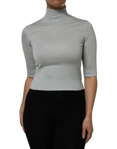 Dolce & Gabbana Light Green Silk Turtleneck 3/4 Sleeves Top In Gray