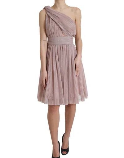 Dolce & Gabbana One Shoulder Pleated Lame Tulle Dress In Pink