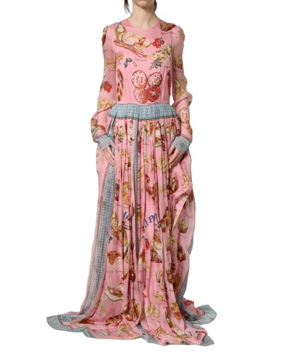 Dolce & Gabbana Light Pink Bread Print Pleated Maxi Dress In Red