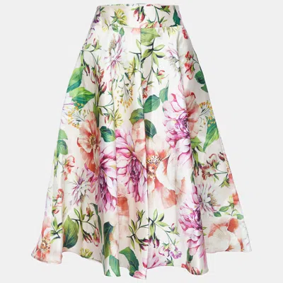 Pre-owned Dolce & Gabbana Light Pink Flowers Print Silk Midi Skirt M