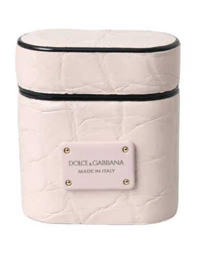 Dolce & Gabbana Light Pink Leather Metal Logo Plaque Airpods Case Caiman Accessory In White