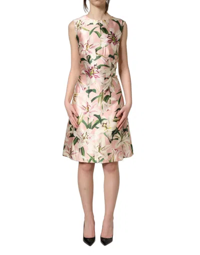 Dolce & Gabbana Light Pink Lilyprint Sleeveless Sheath Dress In Multi