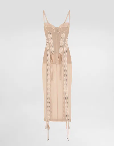 Dolce & Gabbana Light Tulle Calf-length Slip Dress With Corset Details In Pink