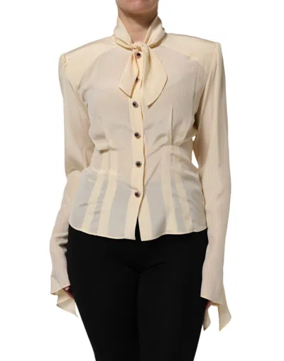 Pre-owned Dolce & Gabbana Light Yellow Silk Ascot Collared Blouse Women's Top ()