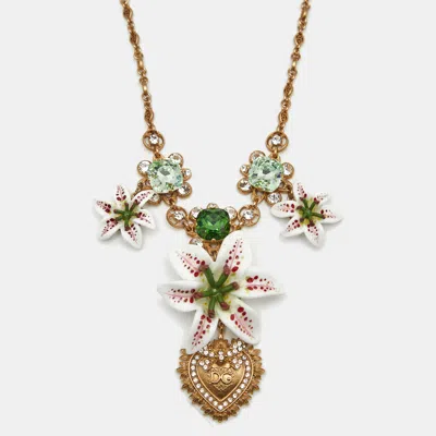 Pre-owned Dolce & Gabbana Lily Floral Devotion Faux Pearl Resin Crystal Gold Tone Pendant Necklace