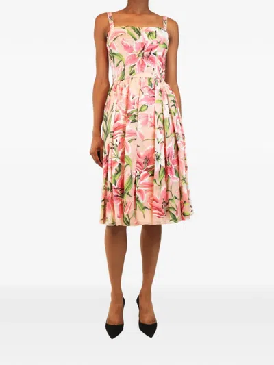 Pre-owned Dolce & Gabbana Lily-print A-line Midi Dress In Pink