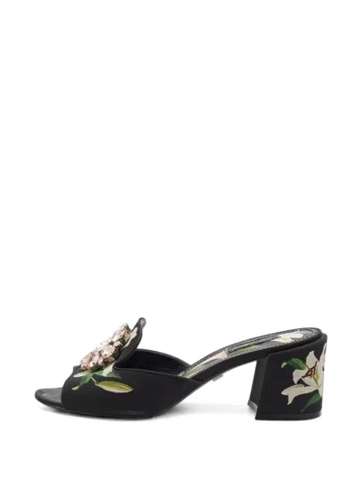 Pre-owned Dolce & Gabbana Lily-print Crystal-embellished Sandals In Black