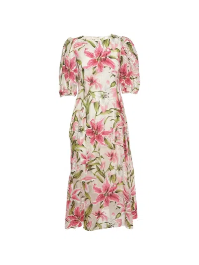 Pre-owned Dolce & Gabbana Lily-print Puff-sleeve Midi Dress In Neutrals