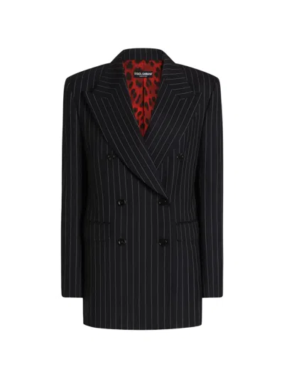 Dolce & Gabbana Linda Double-breasted Jacket In Pinstripe Wool In Black