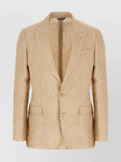 Dolce & Gabbana Linen Blazer With Flap Pockets And Notch Lapel In Nude