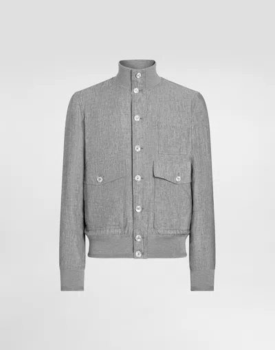 Dolce & Gabbana Linen Canvas Blouse Jacket With Knit Collar In Gray